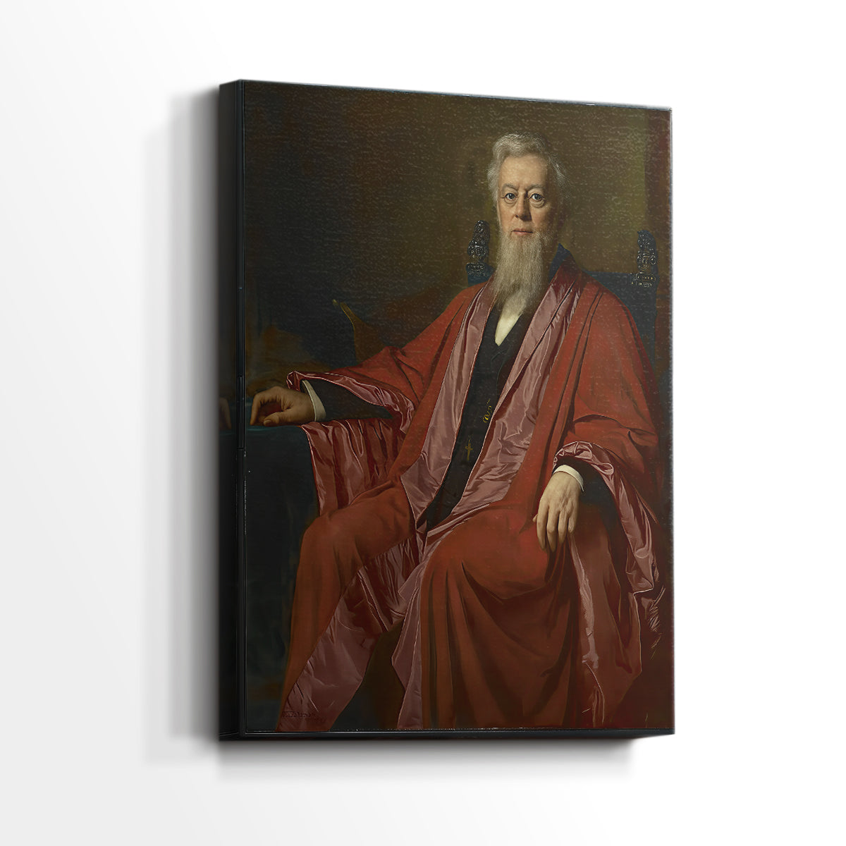 Side view of a canvas art print of a classic portrait with composed expression and subtle tones, showing gallery-wrapped depth.