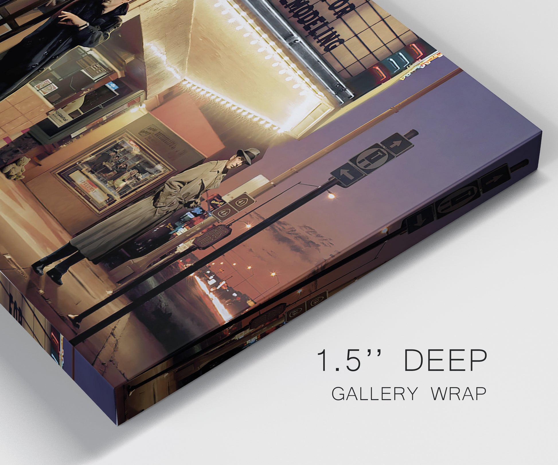 Close-up view of wrapped canvas corner featuring cinematic nighttime theater scene.