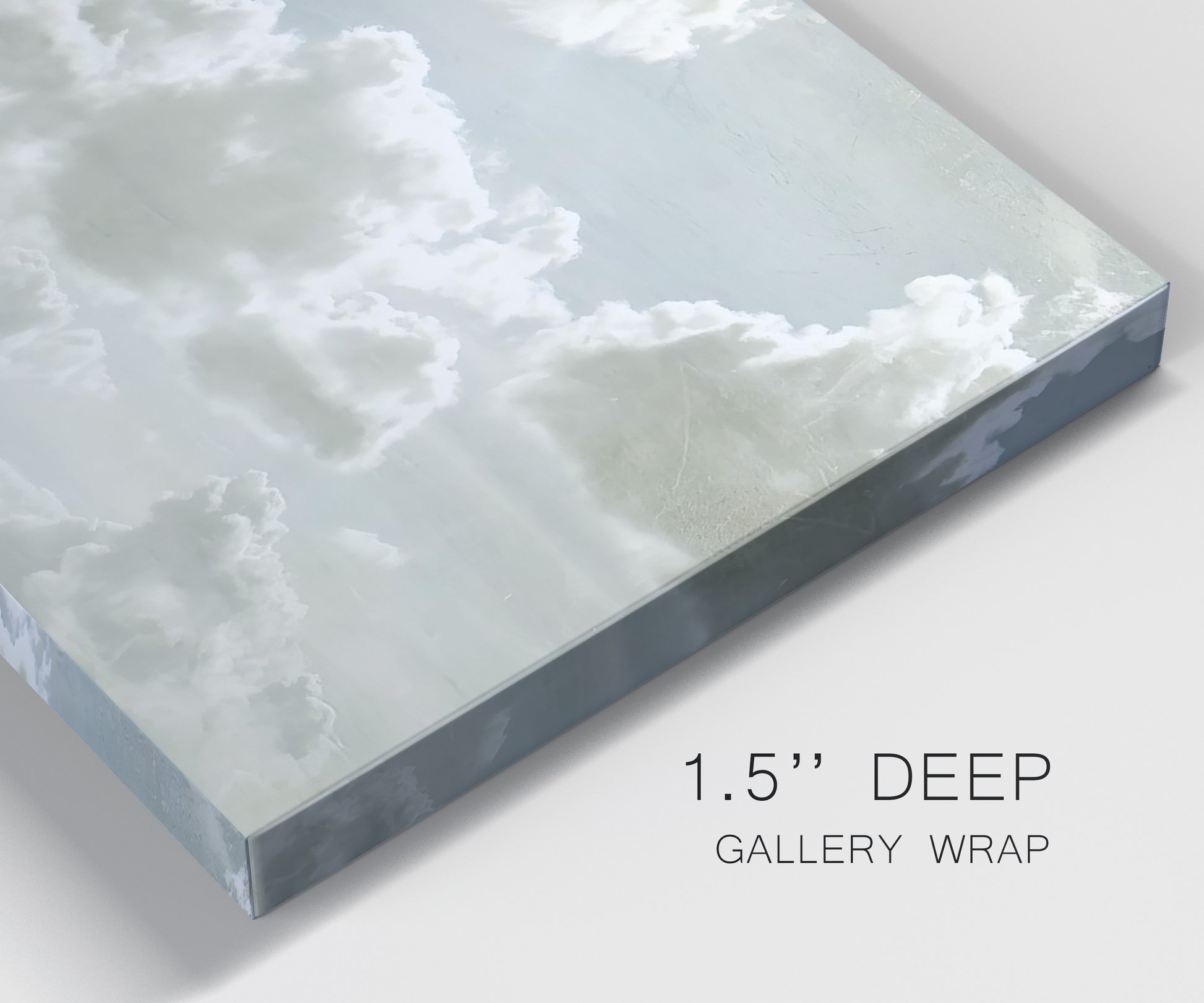 Close-up view of wrapped canvas corner featuring whimsical vertical tree landscape.