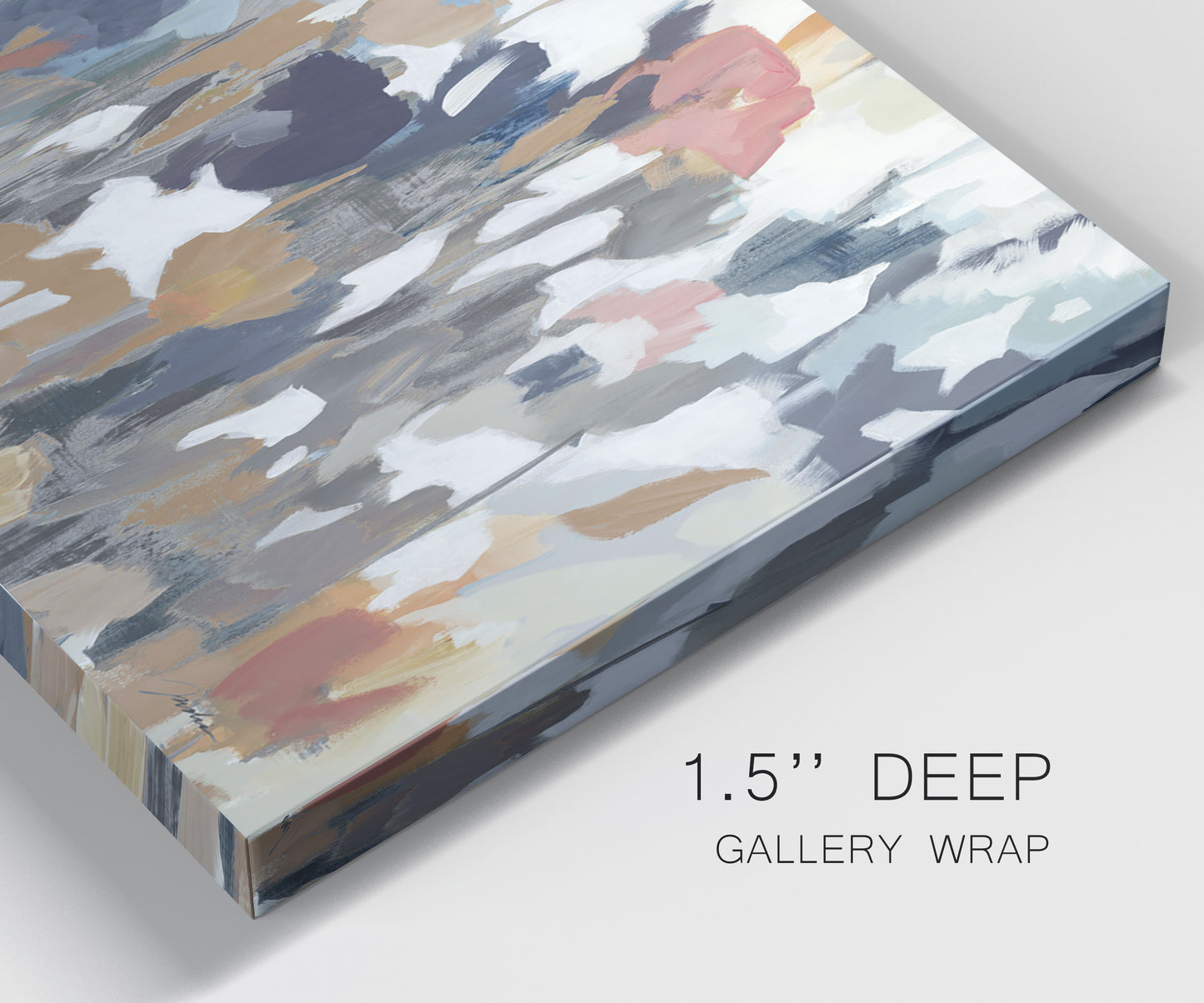 Close-up view of wrapped canvas corner featuring abstract flower stand composition.