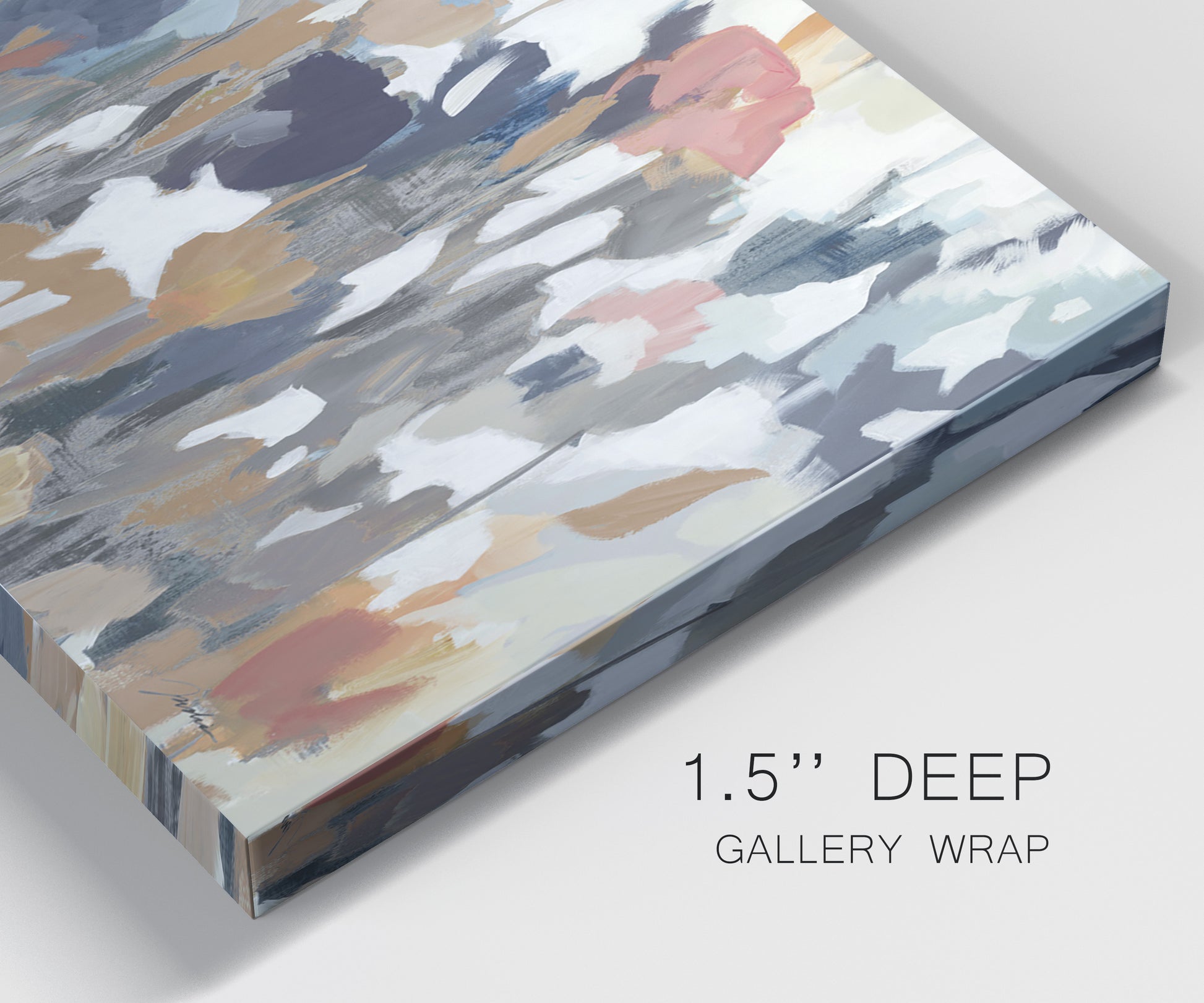 Close-up view of wrapped canvas corner featuring abstract flower stand composition.