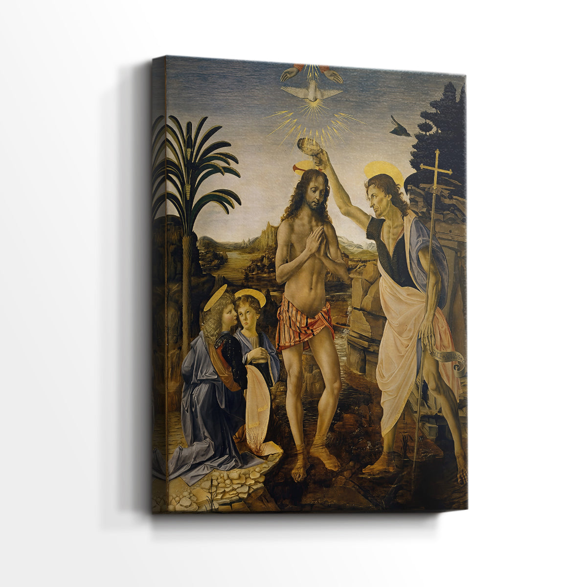 Side view of a canvas art print of a classical scene with multiple figures and gentle tones, showing gallery-wrapped depth.