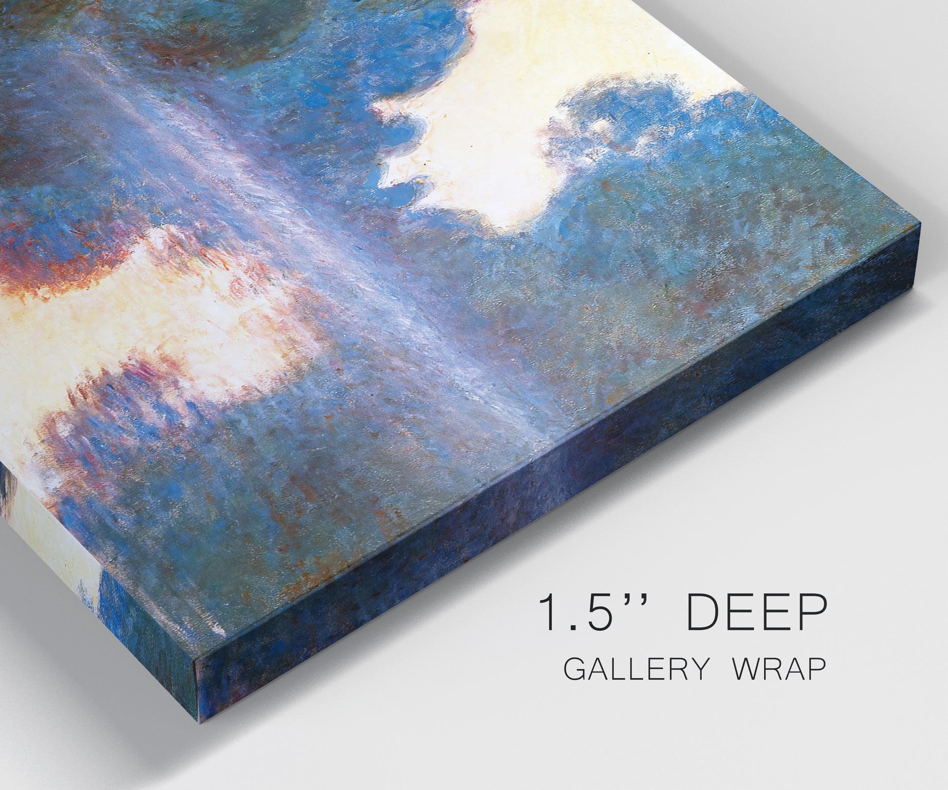 Close-up view of wrapped canvas corner featuring misty river surface at dawn.
