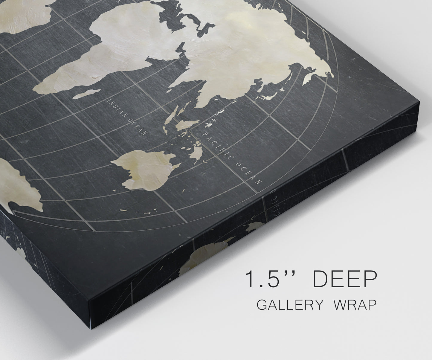 Close-up view of wrapped canvas corner featuring antique world map illustration.