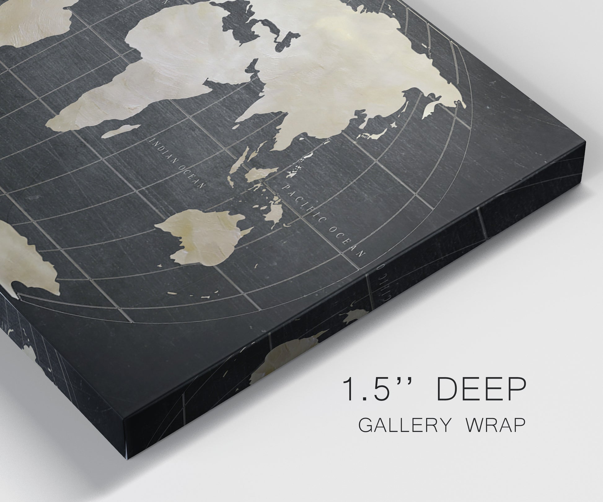 Close-up view of wrapped canvas corner featuring antique world map illustration.