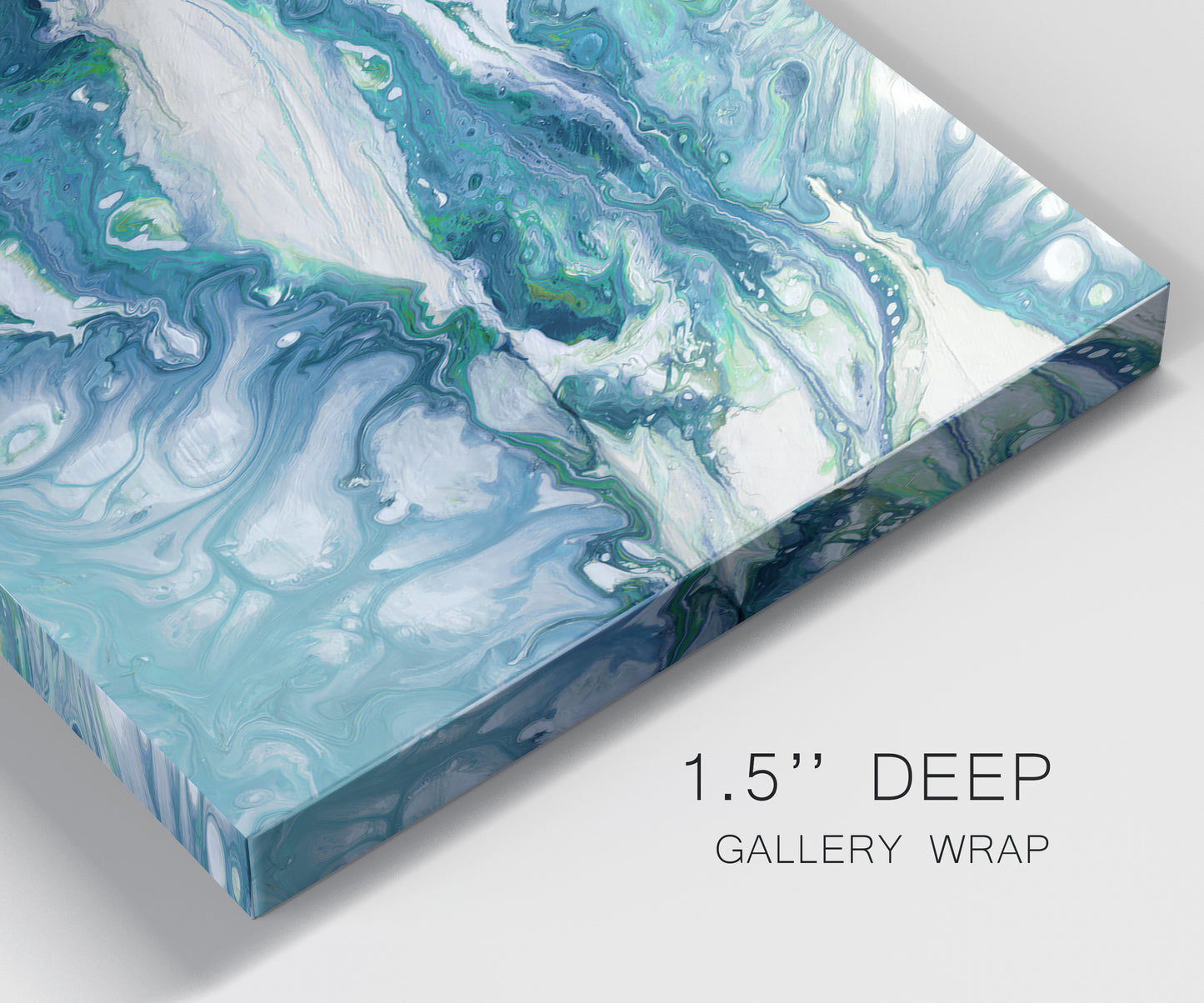 Close-up view of wrapped canvas corner featuring layered abstract marble textures.