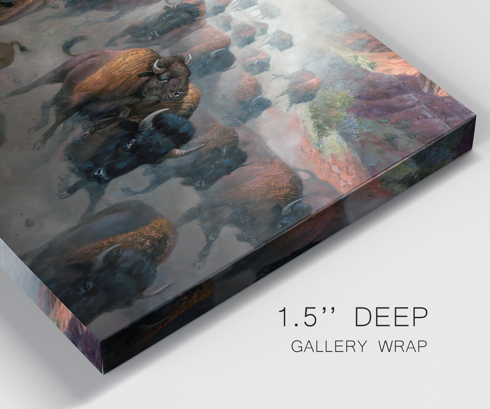 Close-up view of wrapped canvas corner featuring stormy canyon landscape with animals.