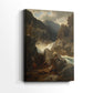 Side view of a canvas art print of a scenic view with cascading water and forested slopes, showing gallery-wrapped depth.