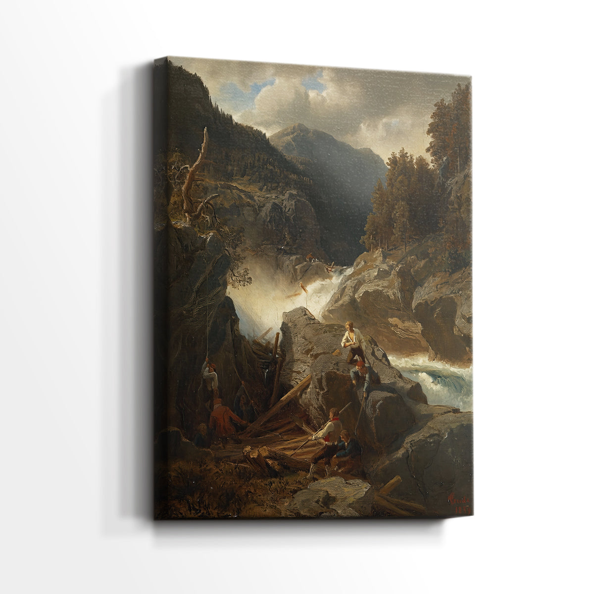 Side view of a canvas art print of a scenic view with cascading water and forested slopes, showing gallery-wrapped depth.