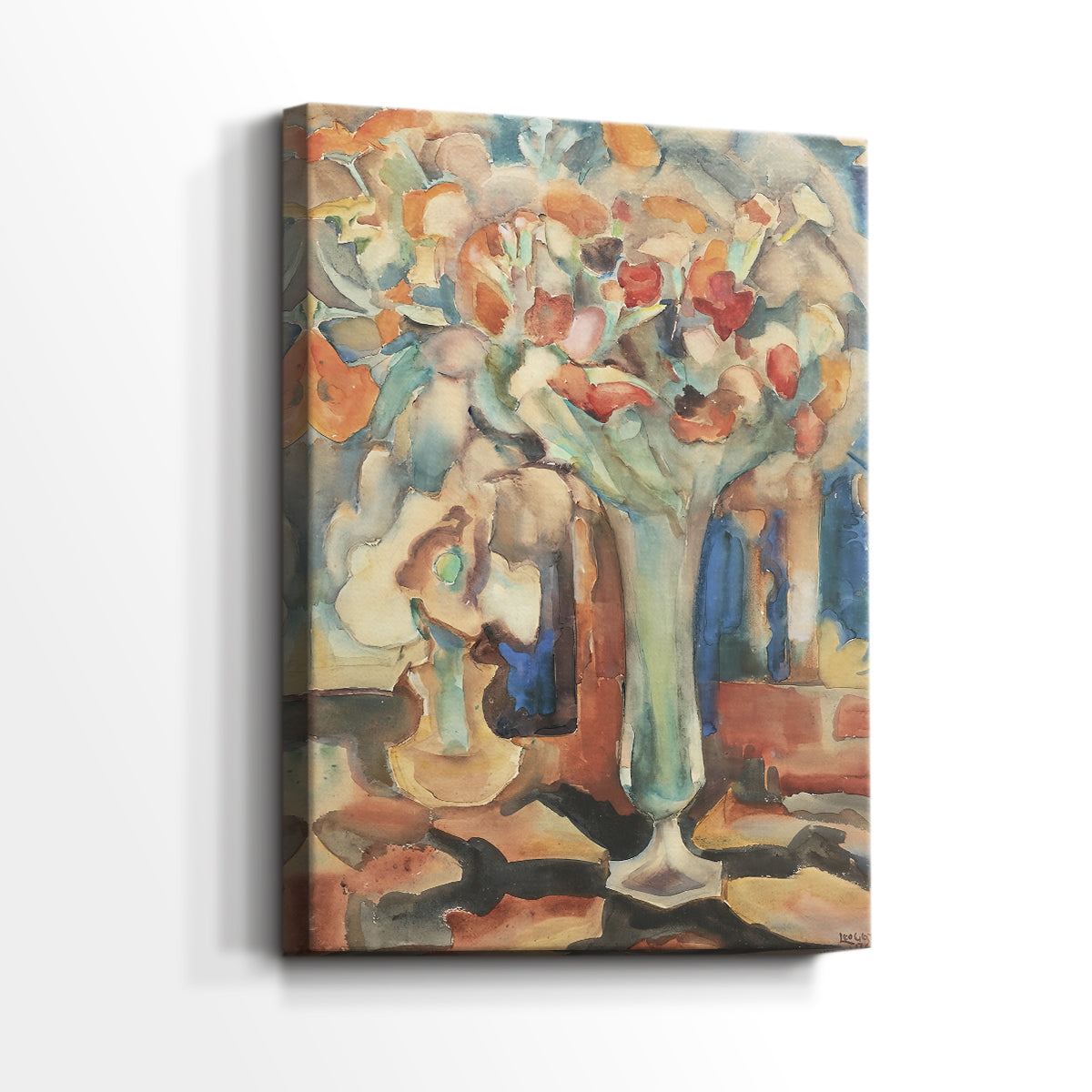 Side view of a canvas art print of a stylized arrangement with blossoms and subtle texture, showing gallery-wrapped depth.