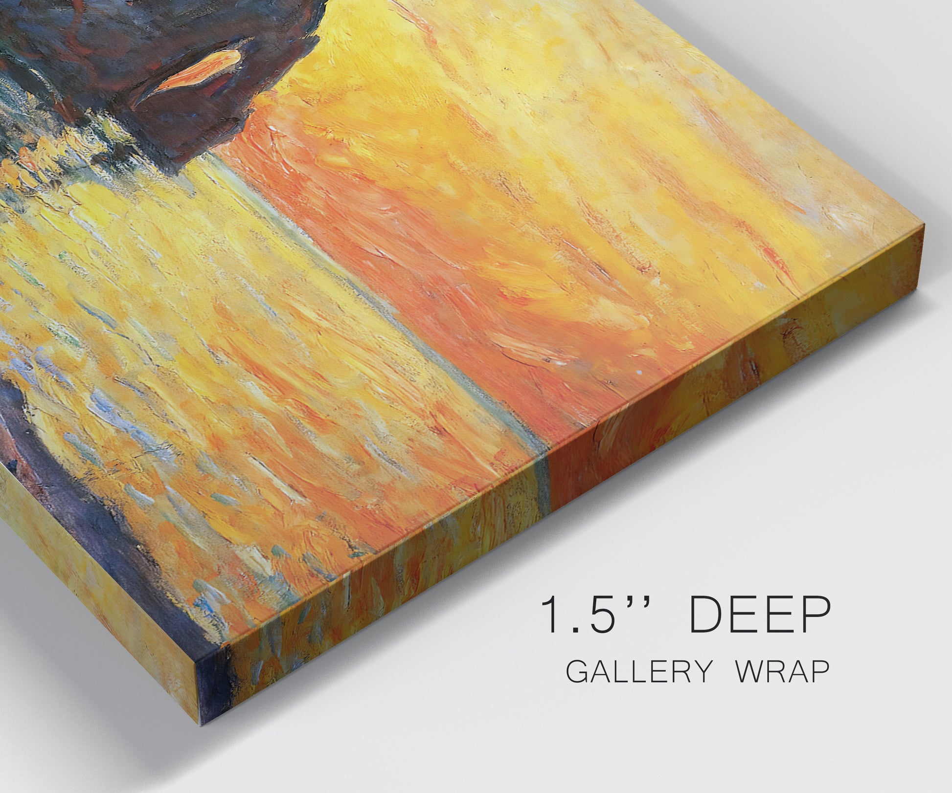 Close-up view of wrapped canvas corner featuring arched coastal cliff above sea.