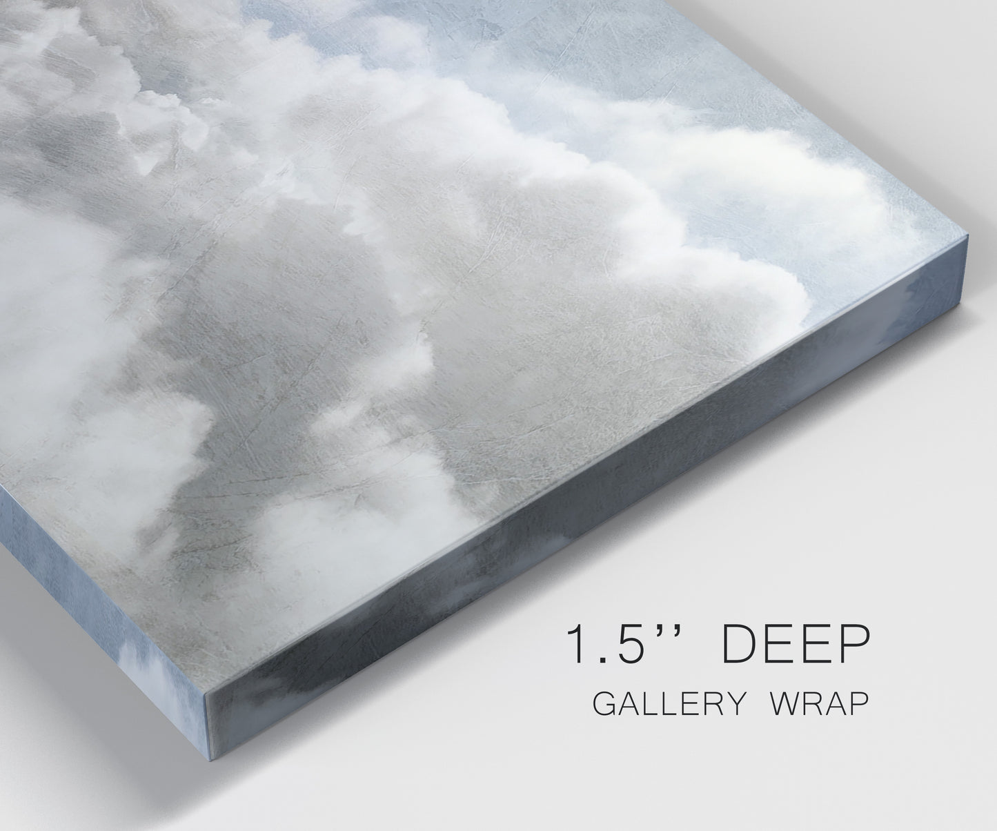 Close-up view of wrapped canvas corner featuring aerial landscape view photograph.