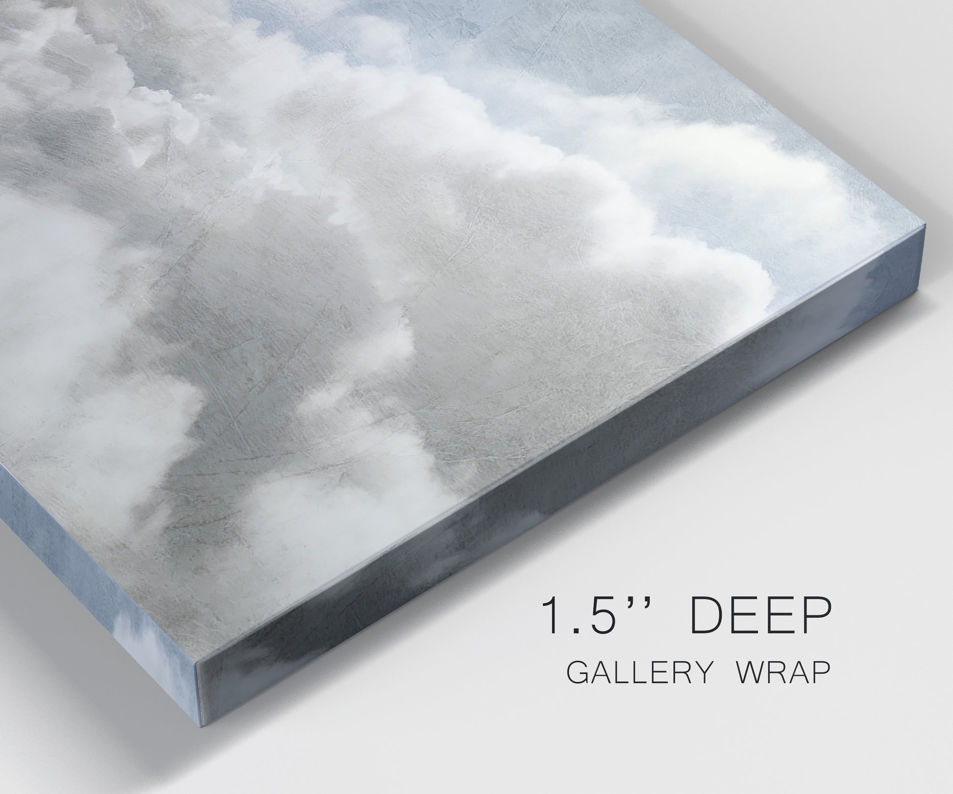 Close-up view of wrapped canvas corner featuring aerial landscape view photograph.
