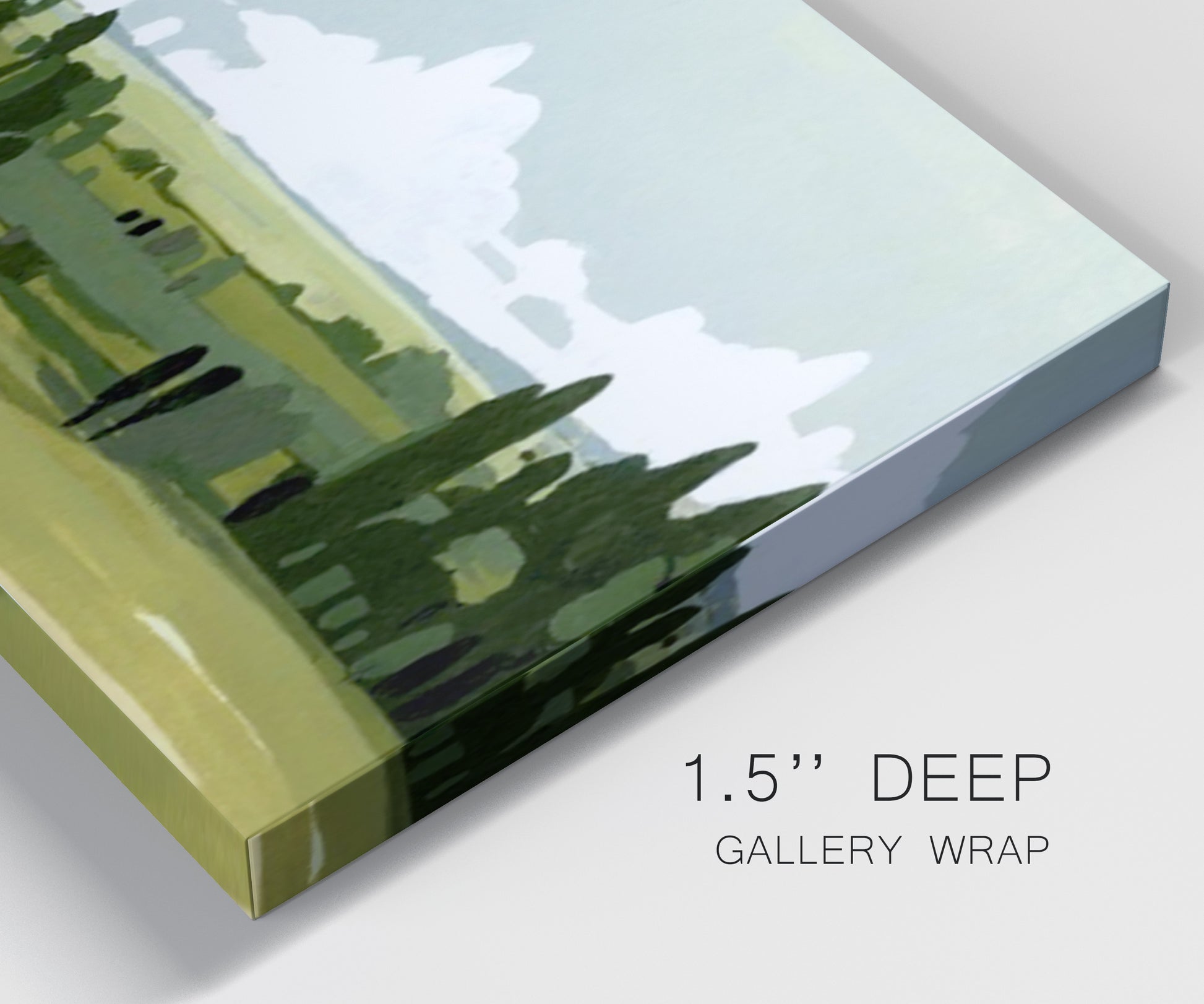 Close-up view of wrapped canvas corner featuring lush green summer countryside.