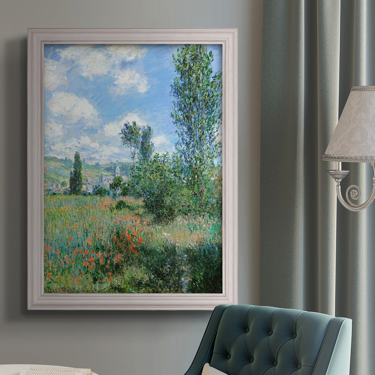 Impressionist pastoral landscape with poppy fields by Claude Monet in an {frame_style_descriptor} displayed in a neutral interior setting.