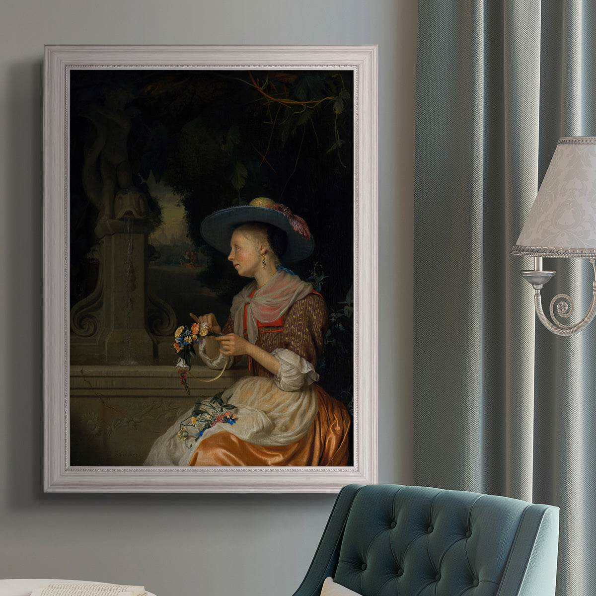 Classical interior scene of a woman weaving flowers by Godfried Schalcken in an {frame_style_descriptor} displayed in a neutral interior setting.