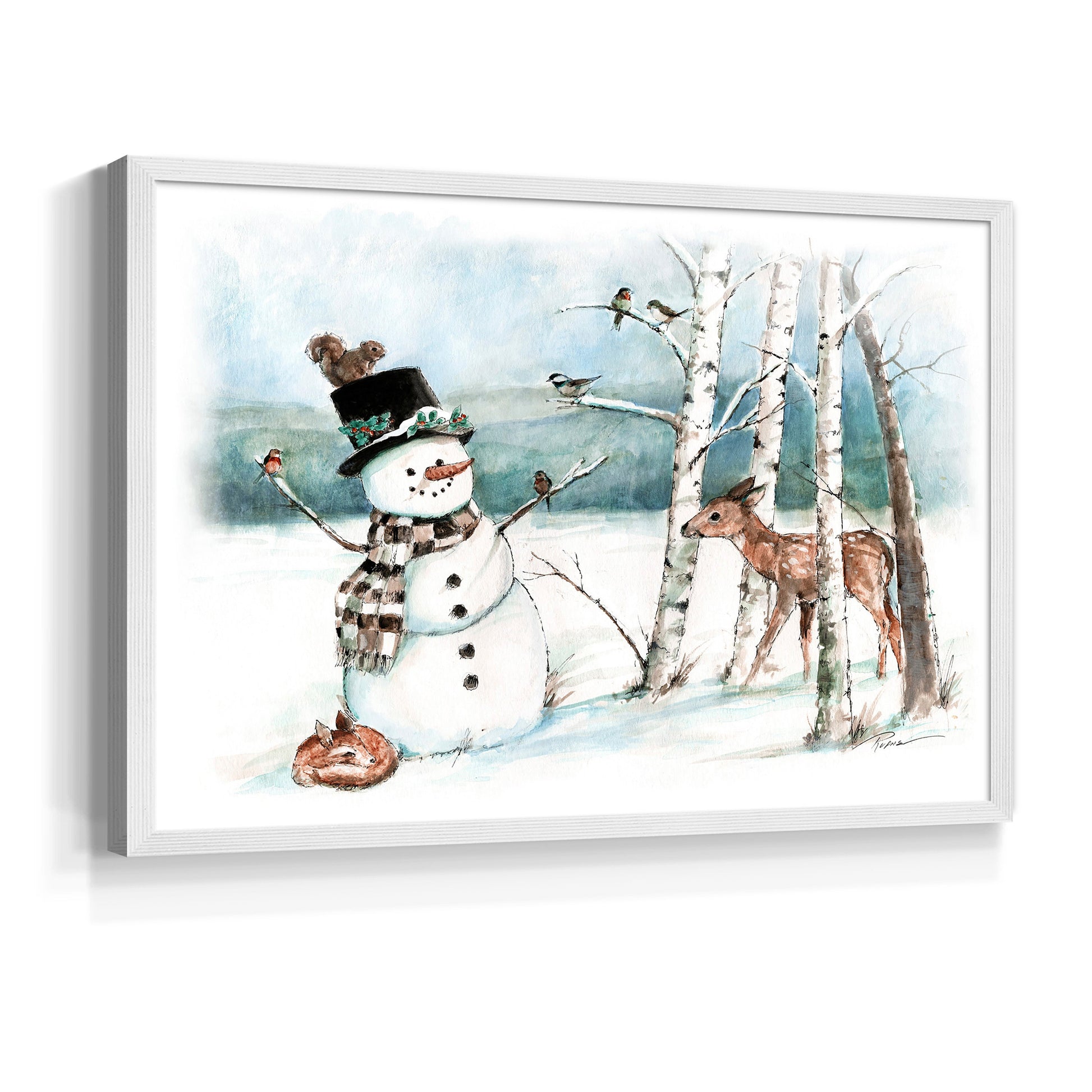 42975,snowman,deer,winter,forest,snowy landscape,birds,birch trees,scarf,top hat,wildlife,nature,frost,season,serene,animal,frosty,woodlands,frozen,cold,playful,outdoors,charming,magical,landscape art,whimsical,fauna,friendly,wildlife observation,tranquility,country scene,illustration,snowflakes,seasonal,heritage,woodland creatures,holiday,scenic,peaceful,natural beauty,art,Re-stickable,Landscape & Nature