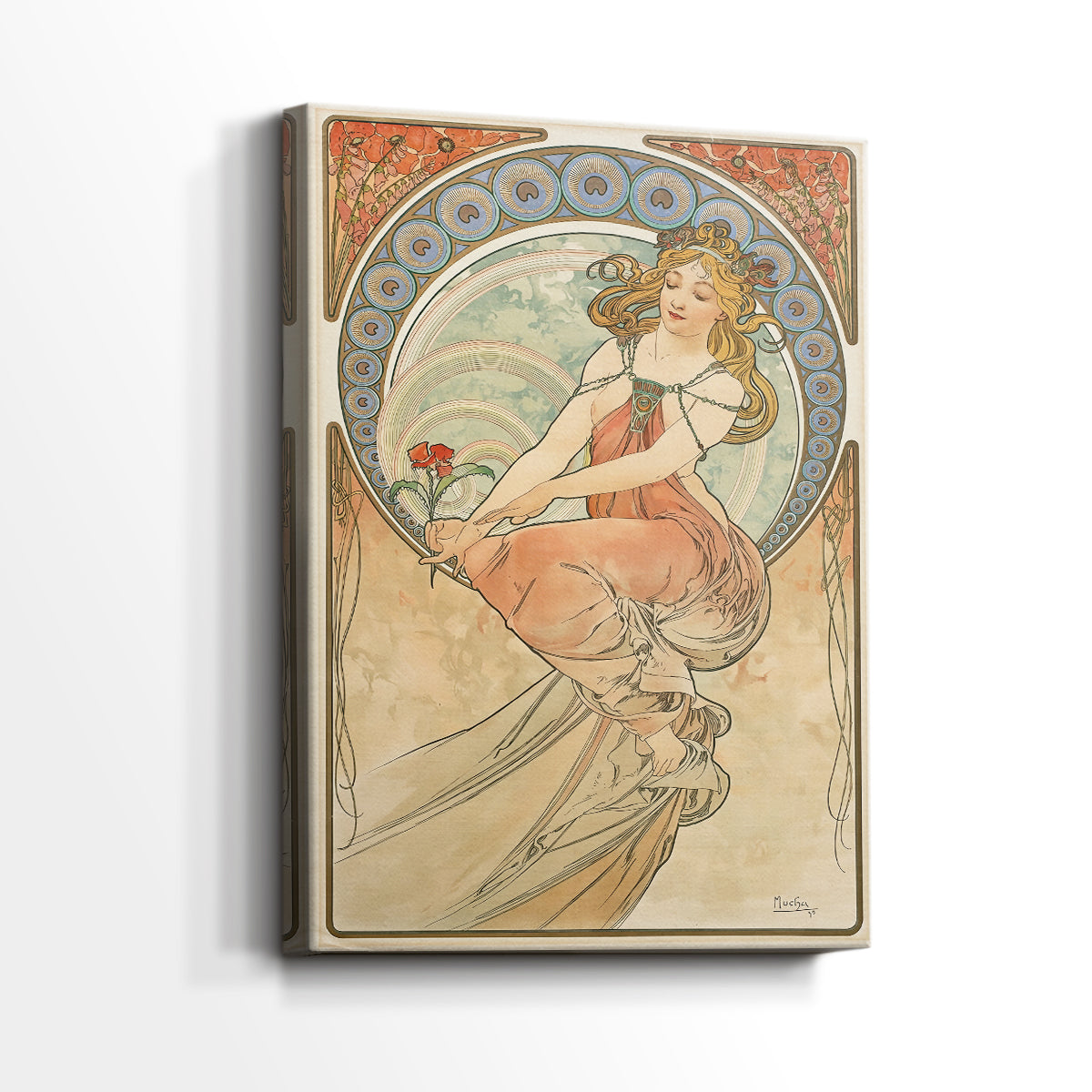 Side view of a canvas art print of a decorative portrait with soft tones and creative theme, showing gallery-wrapped depth.