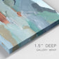 Close-up view of wrapped canvas corner featuring vibrant abstract with dramatic motion.