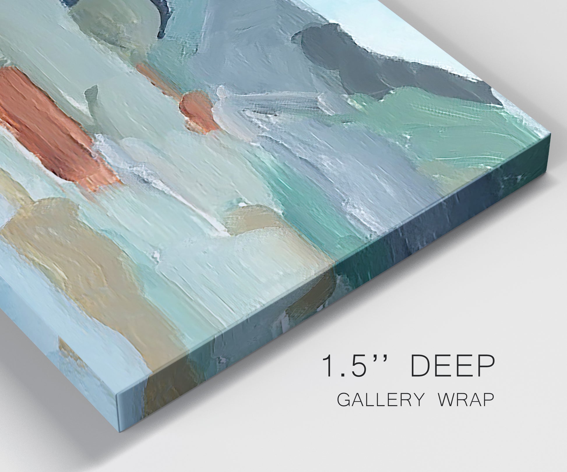 Close-up view of wrapped canvas corner featuring vibrant abstract with dramatic motion.