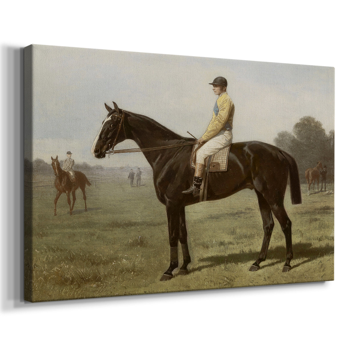 Jockey dressed in yellow sits on a black horse in a serene field during a calm afternoon