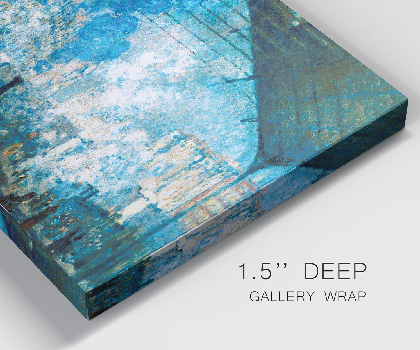 Close-up view of wrapped canvas corner featuring railway station filled with steam.