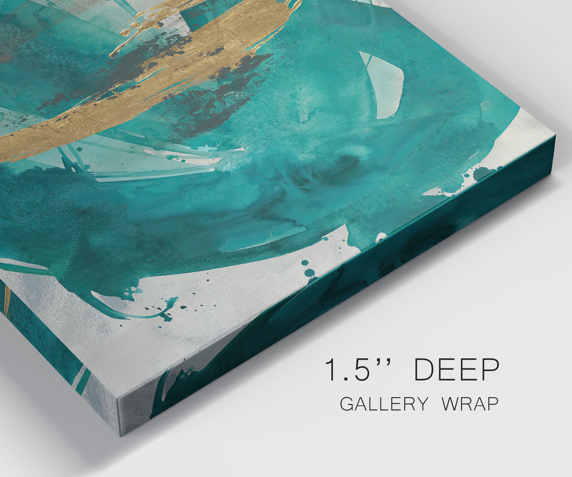 Close-up view of wrapped canvas corner featuring interconnected abstract flowing forms.