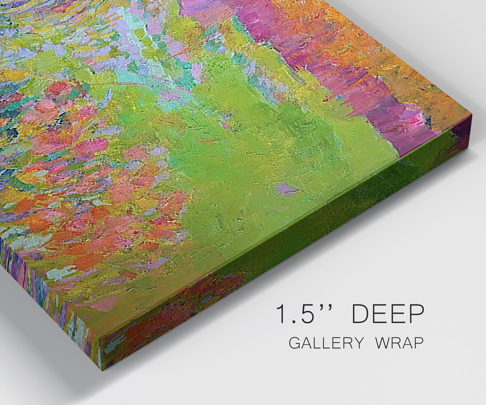 Close-up view of wrapped canvas corner featuring abstract meadow inspired color fields.