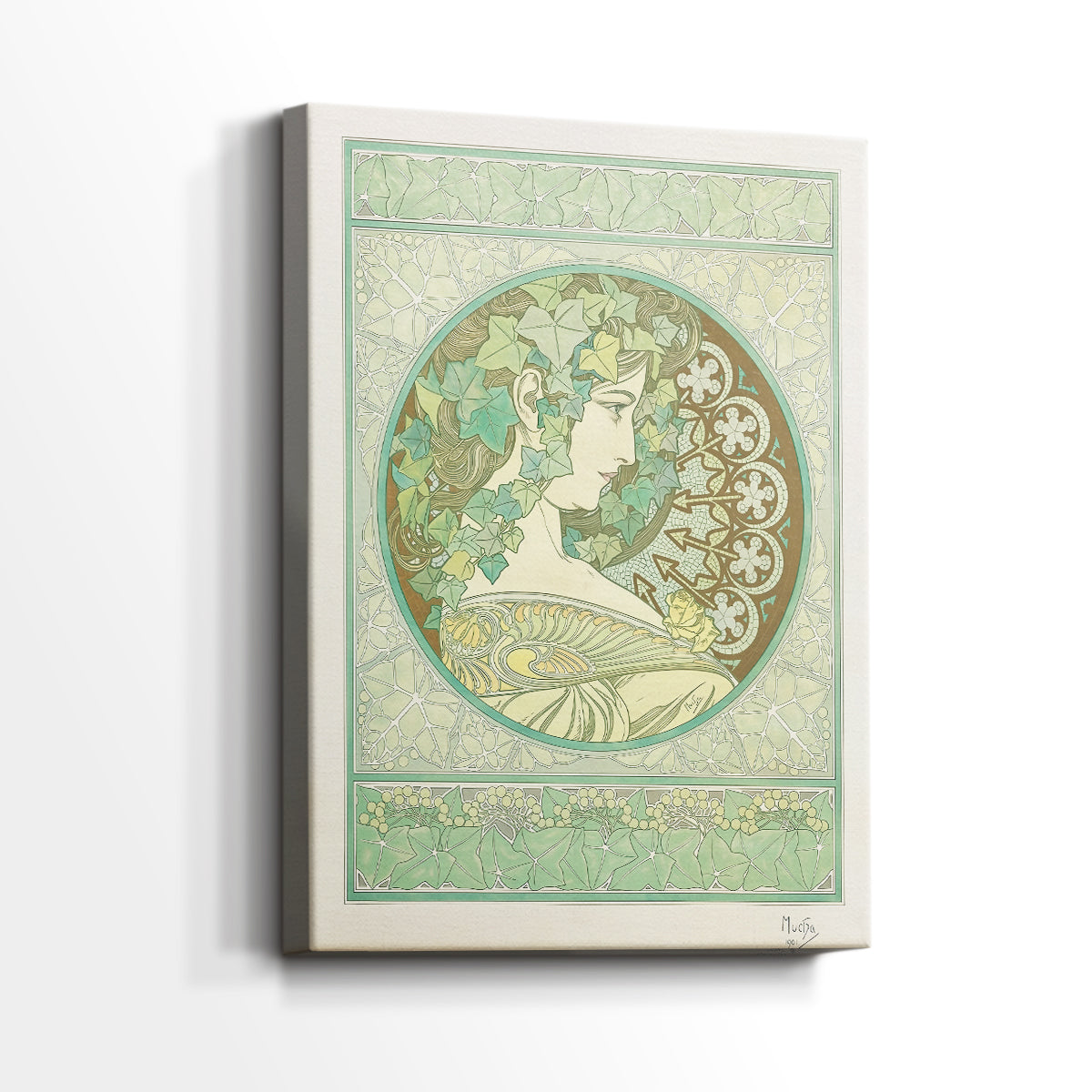 Side view of a canvas art print of a decorative portrait with flowing hair and botanical elements, showing gallery-wrapped depth.