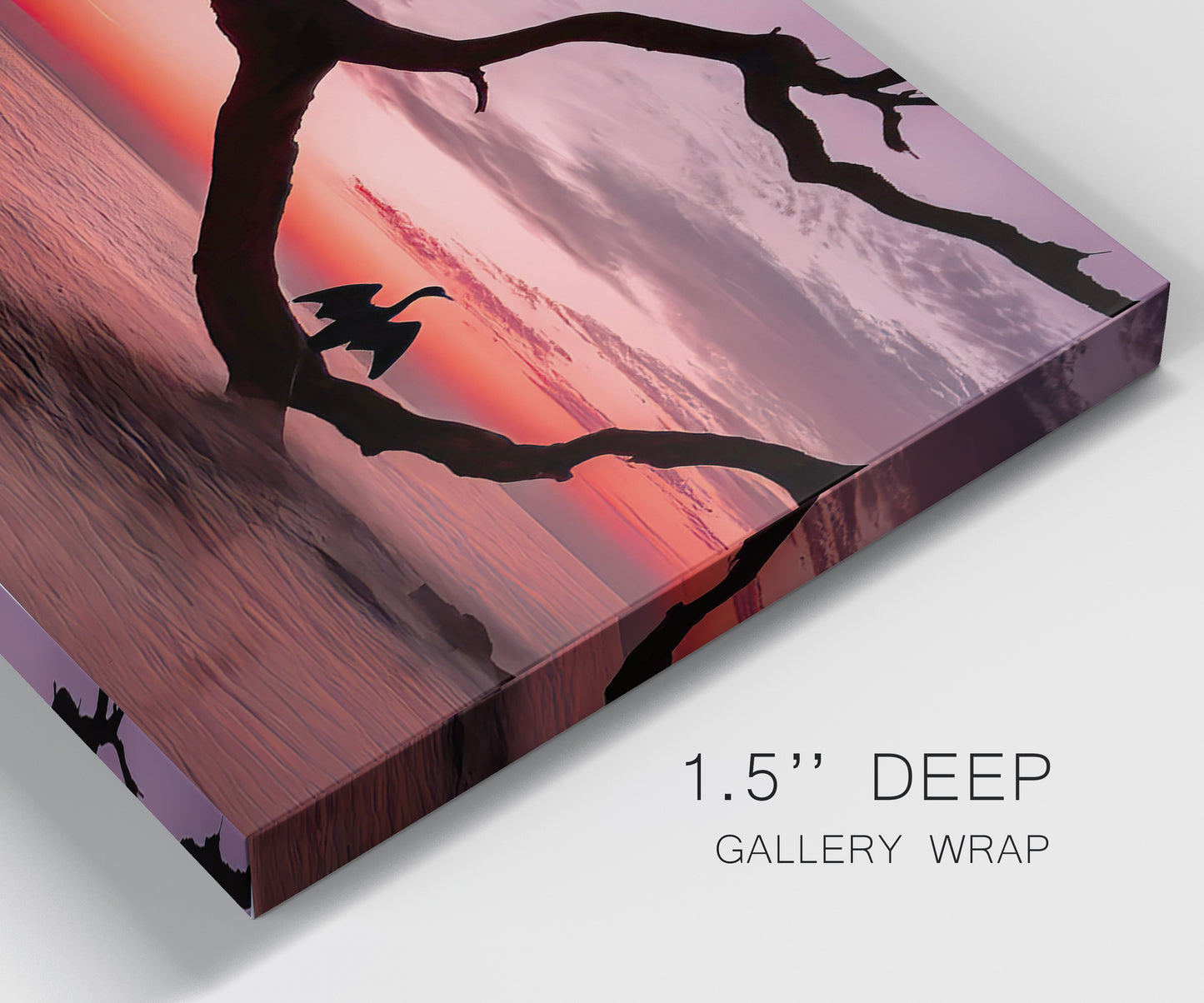 Close-up view of wrapped canvas corner featuring sunset beach photography.