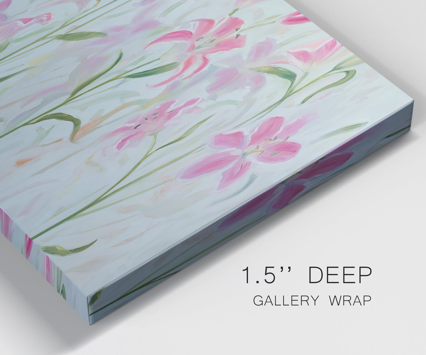Close-up view of wrapped canvas corner featuring pink floral trio arrangement.