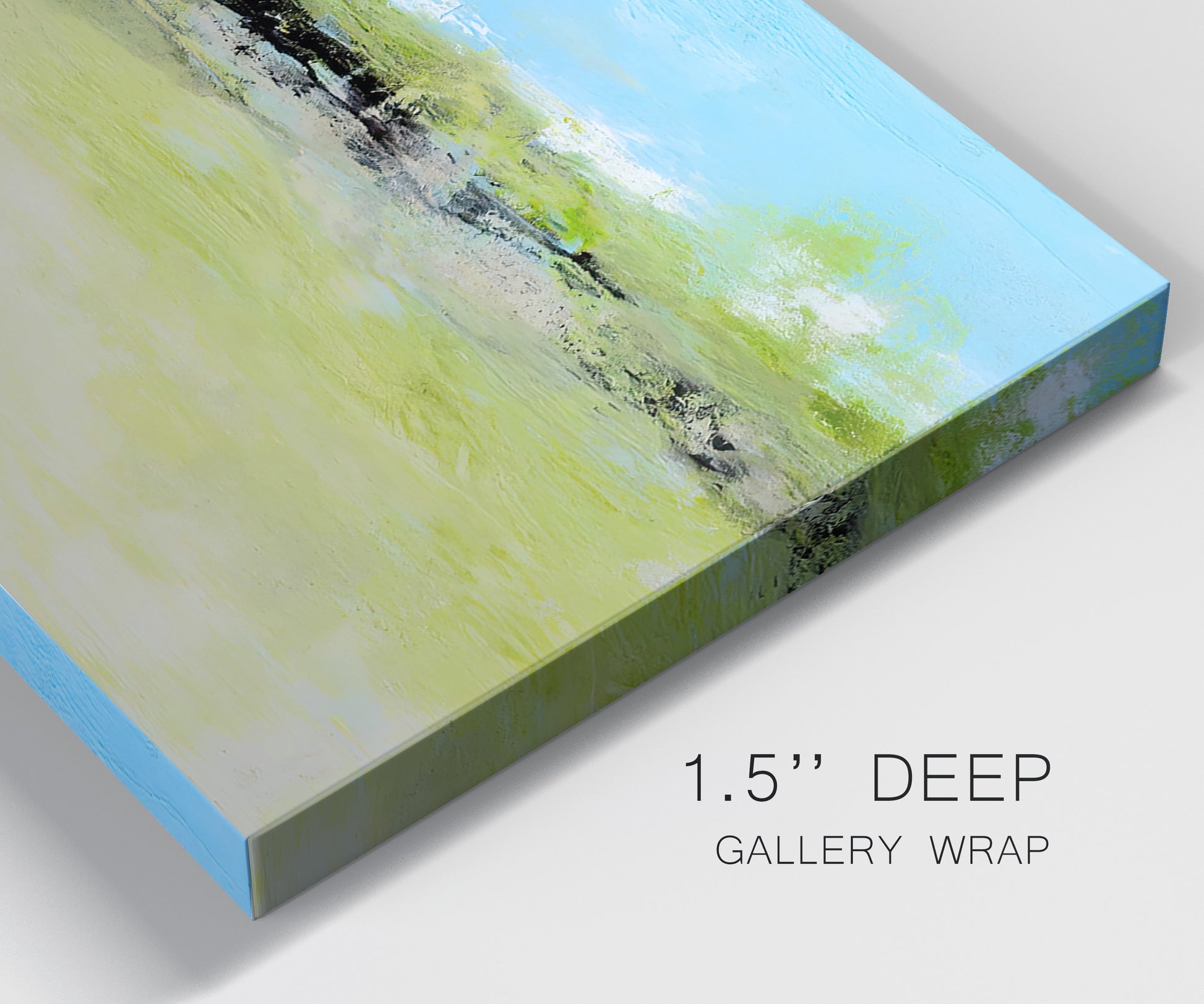 Close-up view of wrapped canvas corner featuring abstract terrace landscape view.