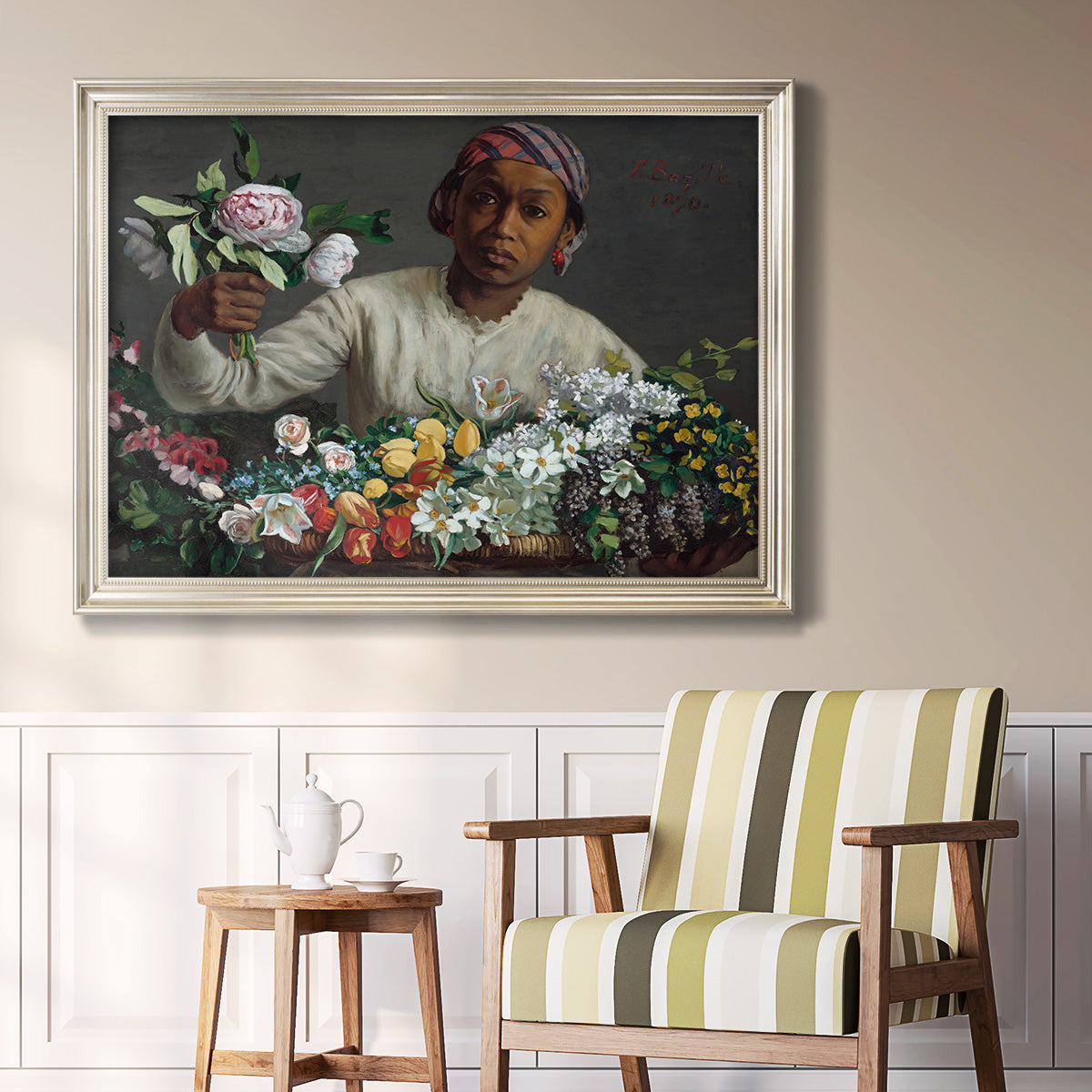 Traditional portrait of a woman holding peonies by Frédéric Bazille in an ornate champagne frame displayed in a light-toned interior setting.