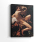 Side view of a canvas art print of a religious composition with deep shadows and warm highlights, showing gallery-wrapped depth.