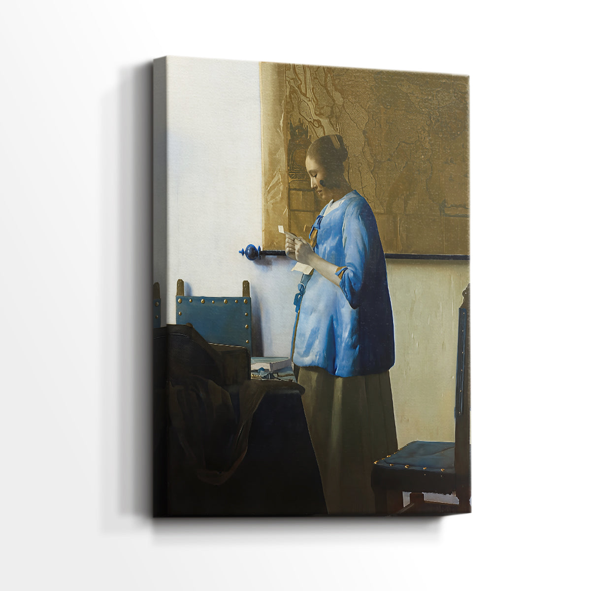 Side view of a canvas art print of a quiet composition with gentle tones and focused posture, showing gallery-wrapped depth.