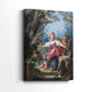 Side view of a canvas art print of a lighthearted outdoor scene with multiple figures, showing gallery-wrapped depth.