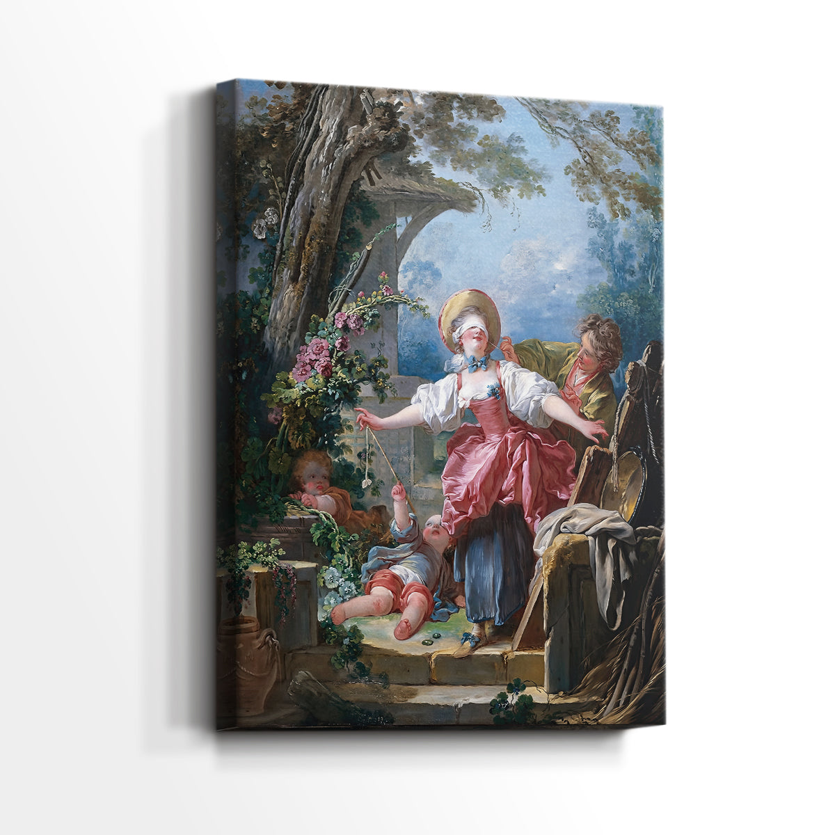 Side view of a canvas art print of a lighthearted outdoor scene with multiple figures, showing gallery-wrapped depth.