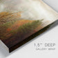 Close-up view of wrapped canvas corner featuring misty autumn landscape photograph.