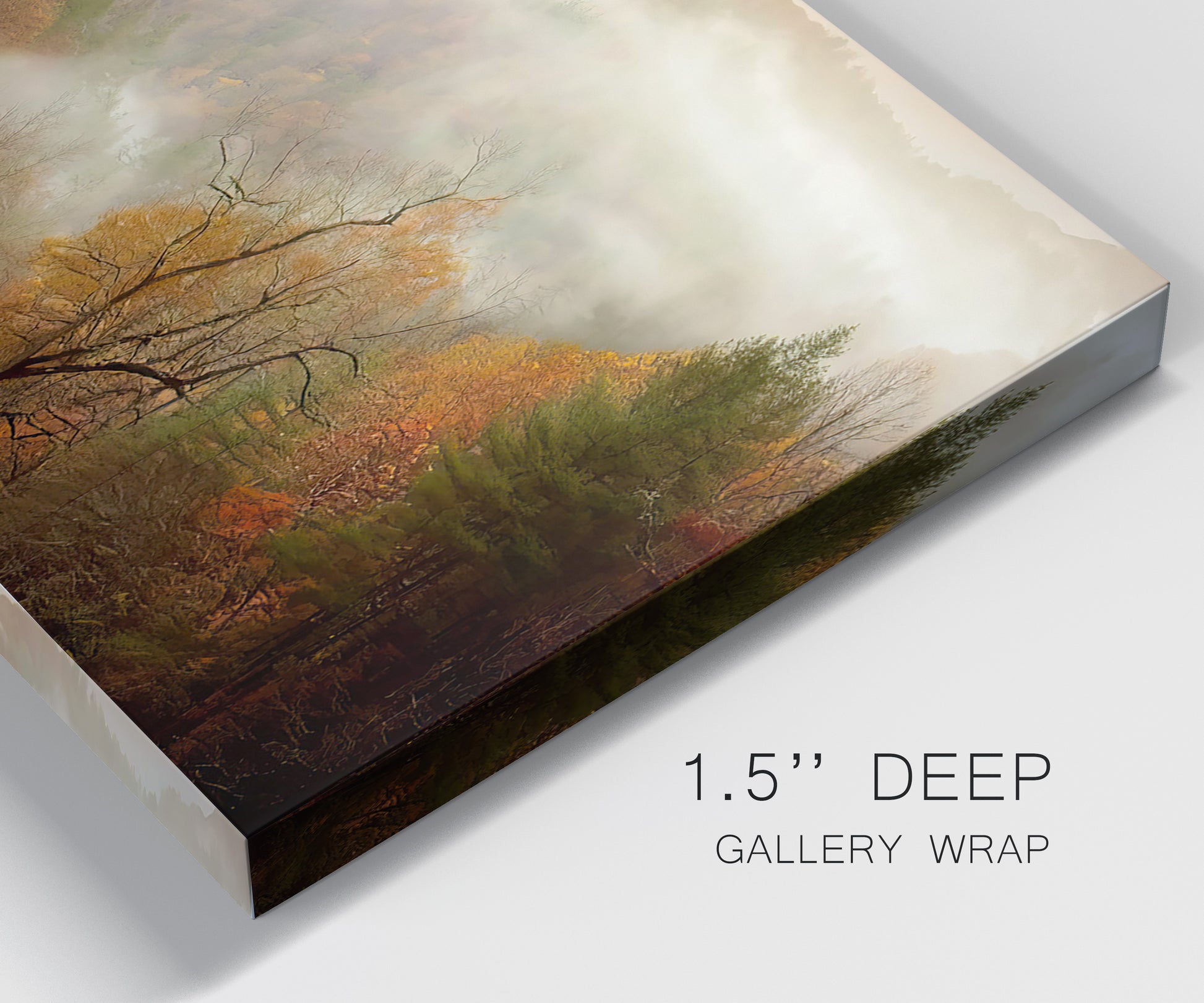 Close-up view of wrapped canvas corner featuring misty autumn landscape photograph.