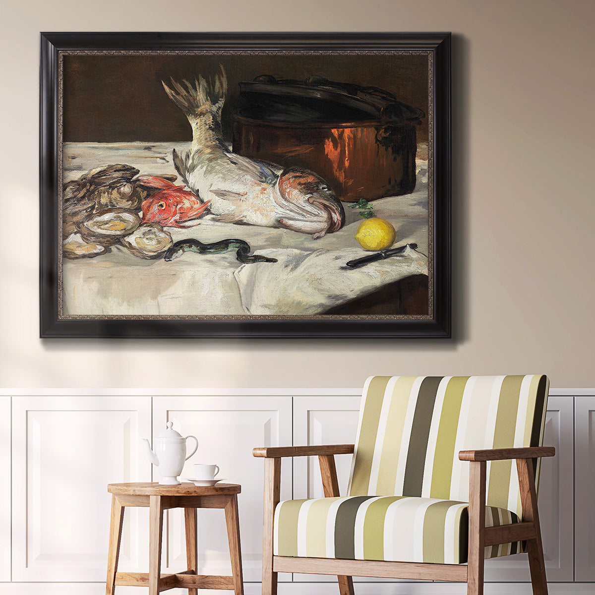 Impressionist still life painting of fish by Édouard Manet in an ornate black frame with gilded inner detail displayed in a light-toned interior setting.