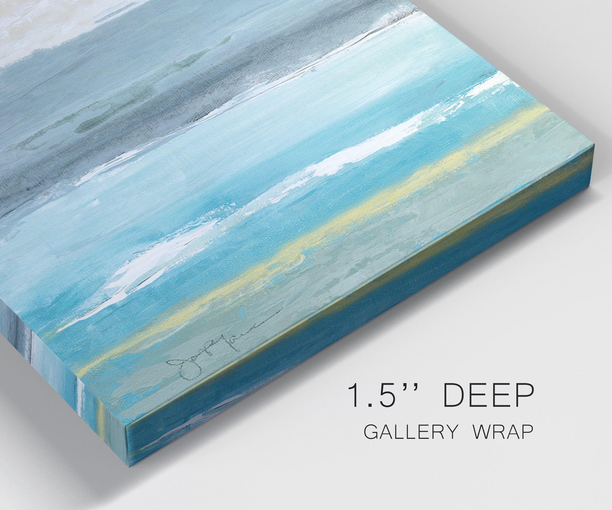 Close-up view of wrapped canvas corner featuring abstract coastal beach textures.