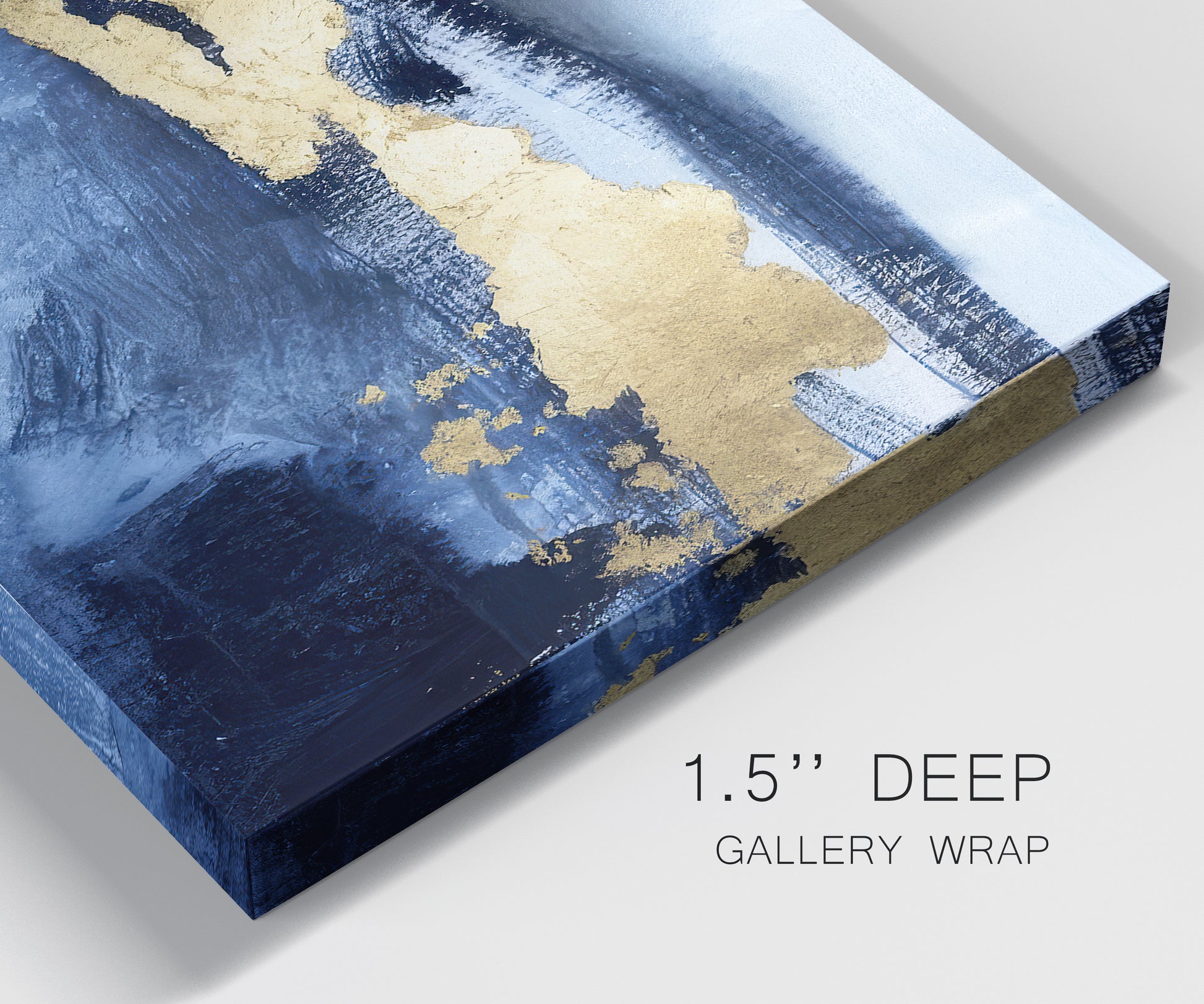 Close-up view of wrapped canvas corner featuring coastal shoreline with warm light.