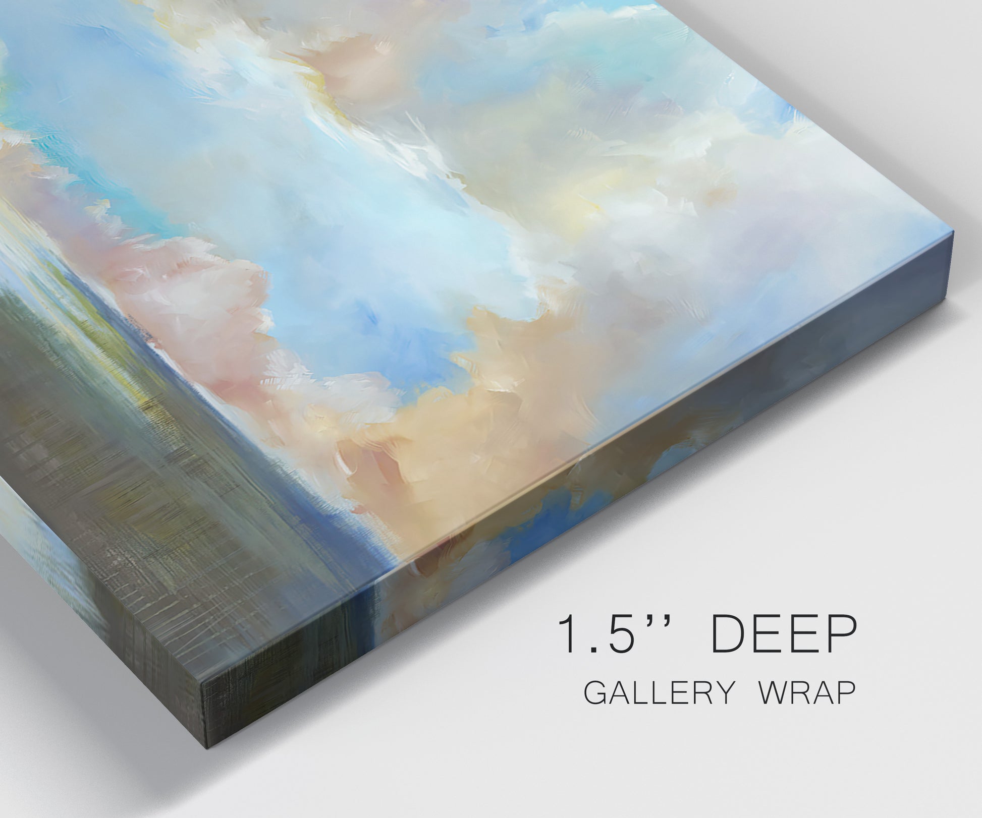 Close-up view of wrapped canvas corner featuring dawn light breaking over water.