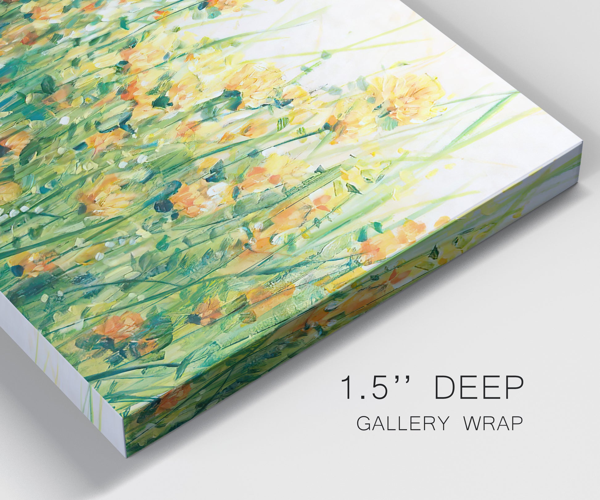 Close-up view of wrapped canvas corner featuring colorful garden flowers in bloom.