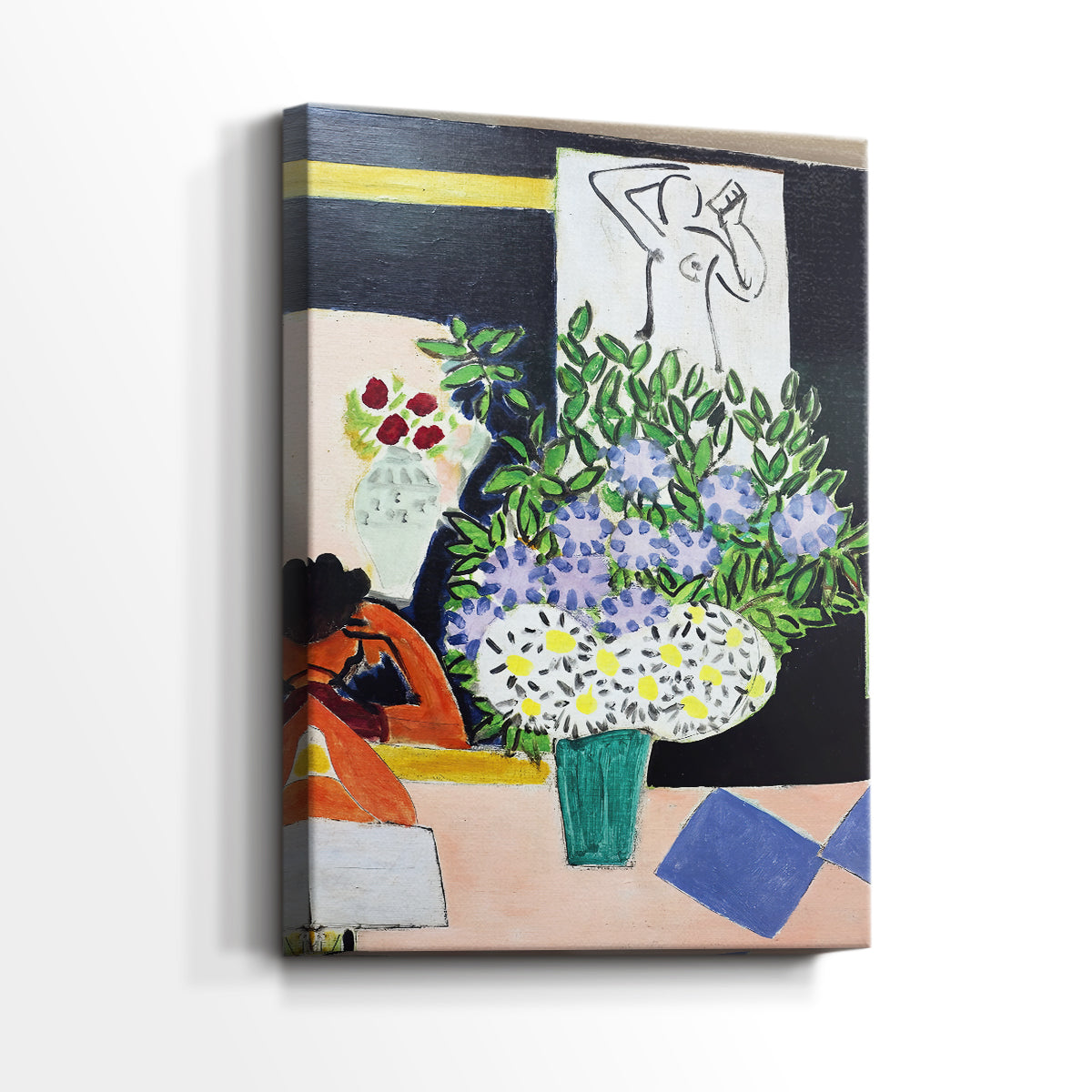 Side view of a canvas art print of a quiet figure with book and bold color separation, showing gallery-wrapped depth.