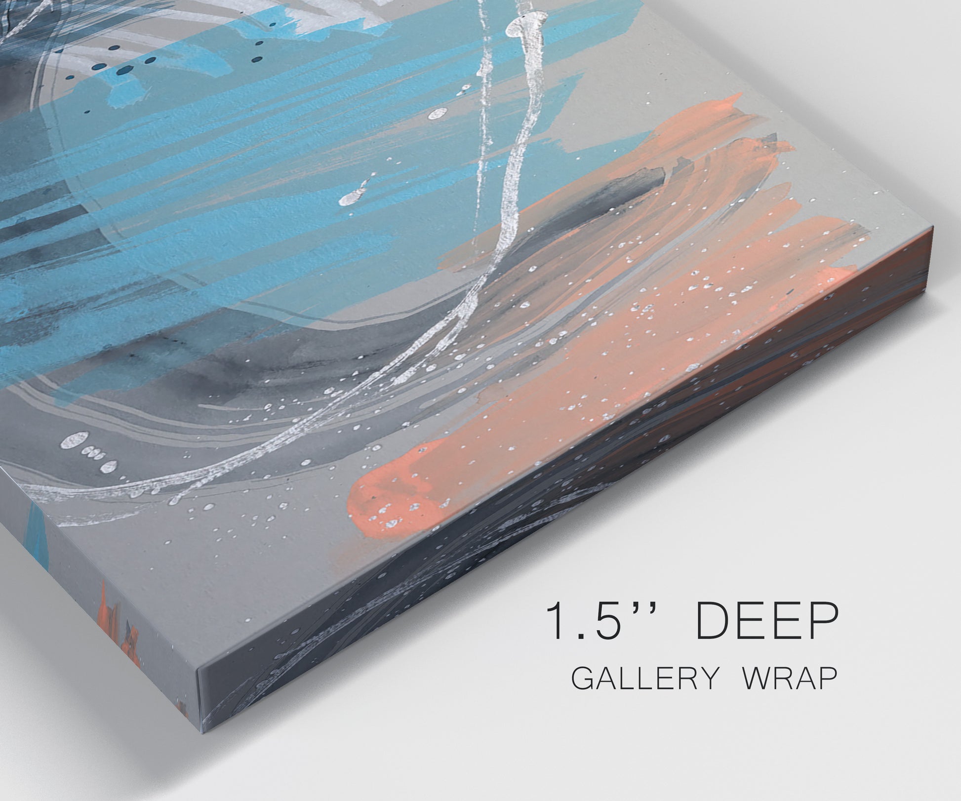 Close-up view of wrapped canvas corner featuring playful abstract mark making.