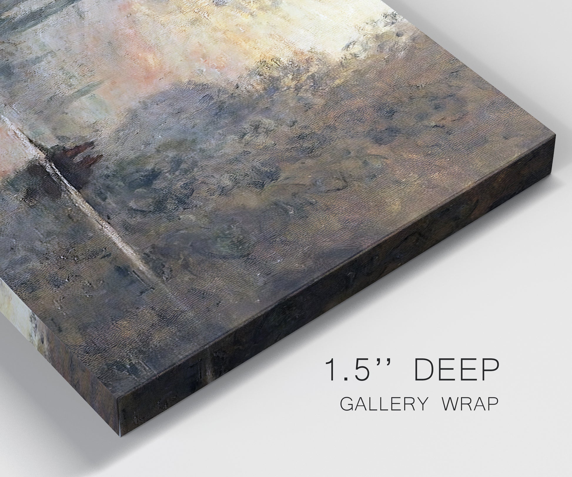 Close-up view of wrapped canvas corner featuring winter river sunset with reflections.