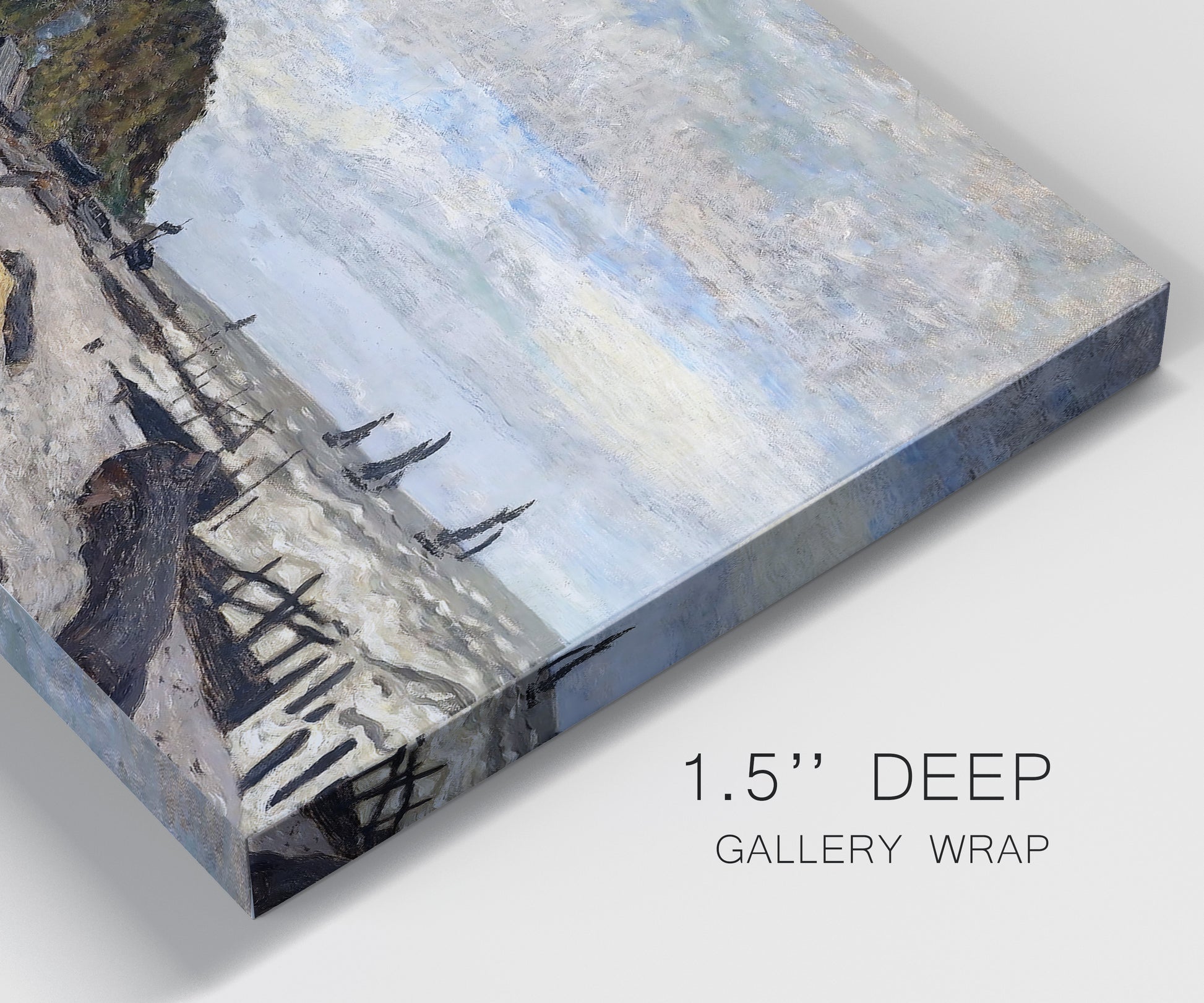 Close-up view of wrapped canvas corner featuring open sea along rocky shore.