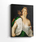 Side view of a canvas art print of a classical scene with interaction and layered detail, showing gallery-wrapped depth.