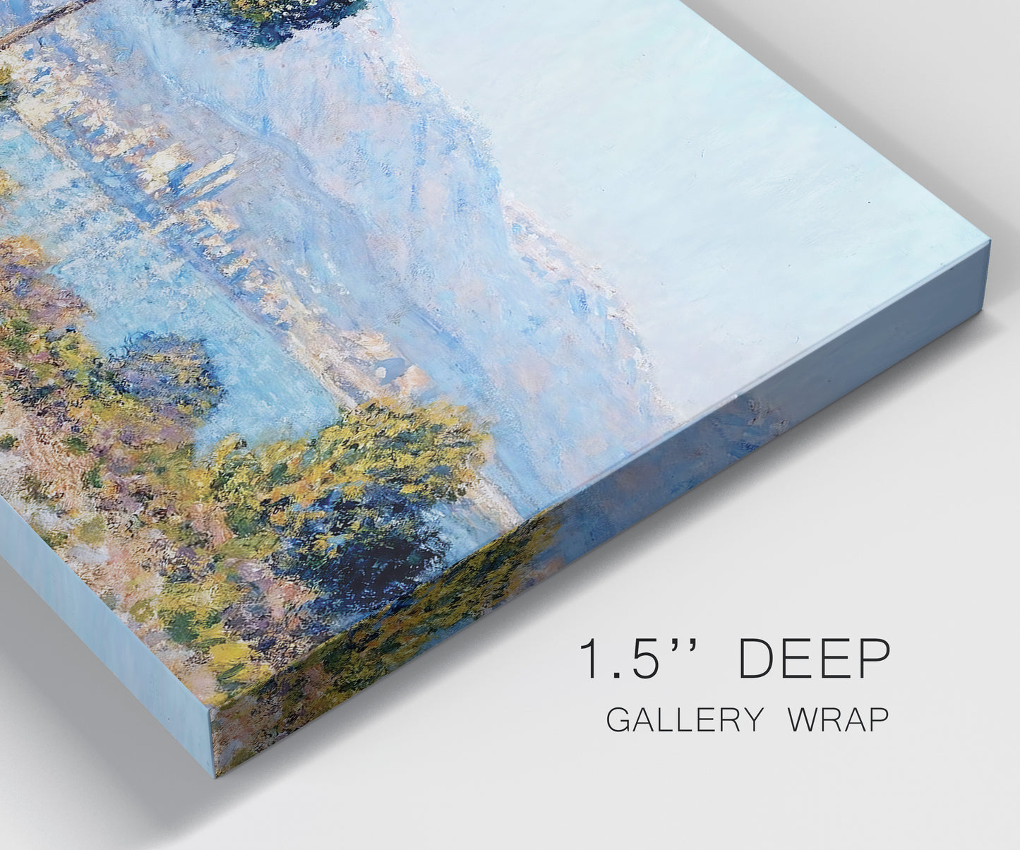 Close-up view of wrapped canvas corner featuring coastal town viewed from hillside.